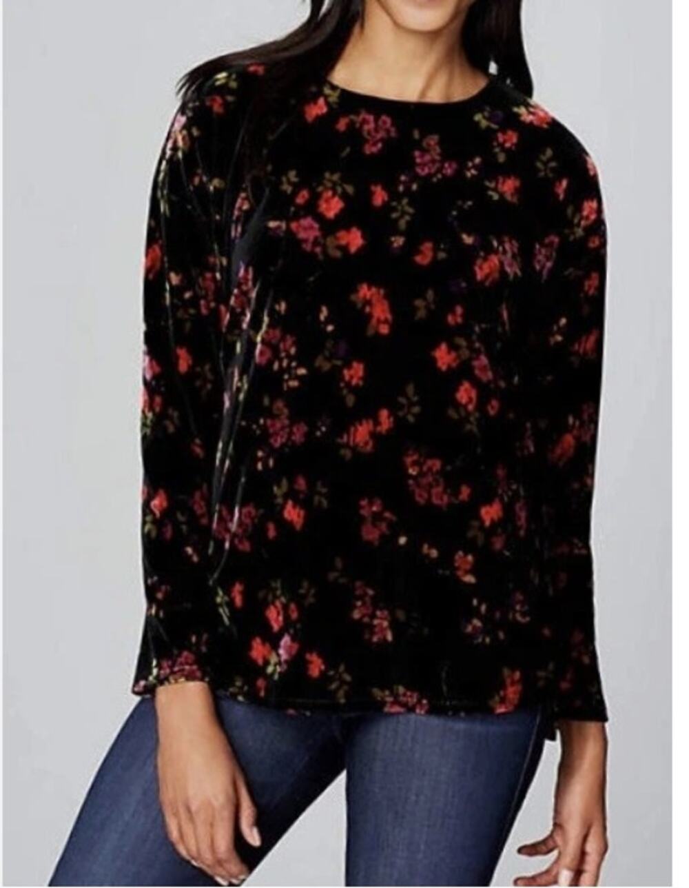 J. Jill Sz M Floral Burnout Velvet Long Sleeve Stretch Blouse Dark Romance